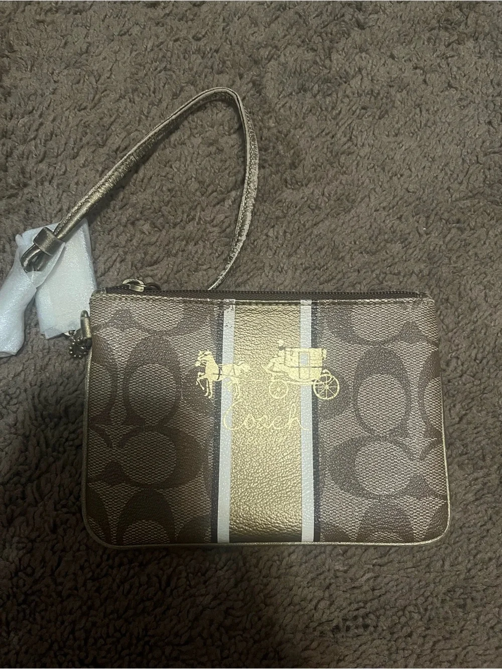 Coach Brown Signature Stripe Wristlet with Gold Coach Logo